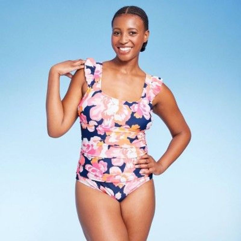 Women's Full Coverage Floral Print Ruffle Sleeve One Piece Swimsuit - Kona